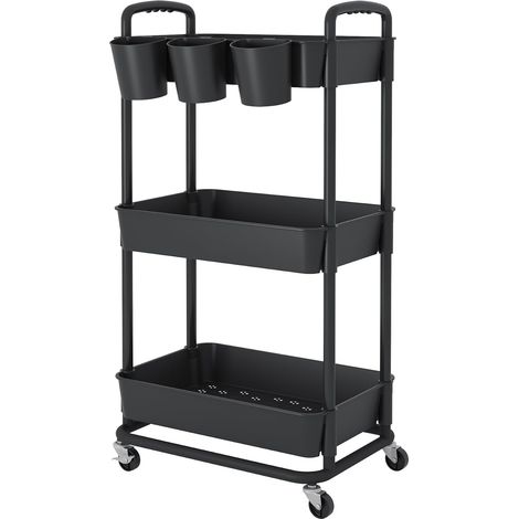 Chariot de Rangement à 3 Niveaux, roulettes en Plastique verrouillables, poignées, gobelets Suspendus supplémentaires, pour Salon, Salle de Bain, Cuisine, Bureau, Noir (1/5)