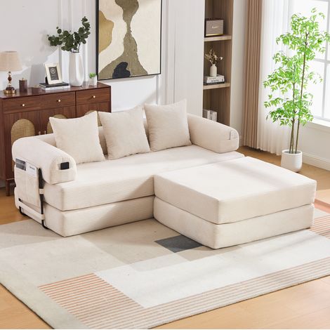 Sofá modular de pana beige con puf, estructura metálica, 3 cojines y bolsillo lateral OKWISH (1/5)