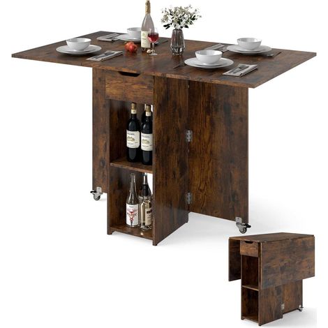 Petits espaces, déplacement facile avec roulettes : table rabattable avec 2 étagères, tiroir et plateau extensible