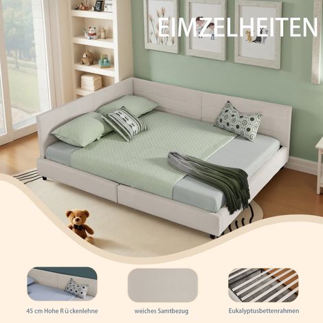 Lit double 160200 cm avec revêtement en velours doux et agréable au toucher, cadre de lit d'angle en forme de L, lattes robustes en eucalyptus et fer, facile à monter, beige (sans matelas) (1/5)