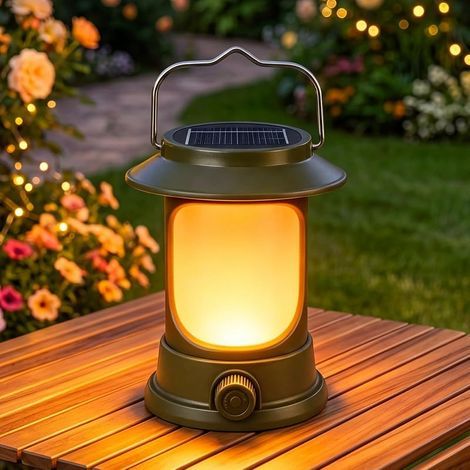 Lanterne Camping Rechargeable USB et Solaire, Rétro Lampe Camping LED, 3 Modes d'Éclairage Réglables, Etanche Eclairage Portable Lampe Tente pour Pêche, Randonnée, Pique-nique (1/5)
