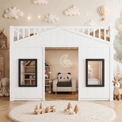 Litera infantil 90x200 cm de madera blanca, ahorro de espacio para dormitorio FloraGrace (1/5)