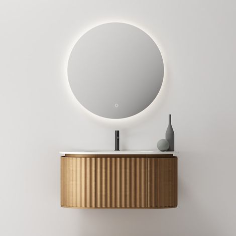 Mobile Bagno 100 cm Sospeso Rovere Scuro Specchio Tondo Retroilluminato - Reid (1/3)