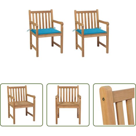 Teakholz - Gartenstühle 2 Stk. mit Blauen Kissen Massivholz Teak (1/5)