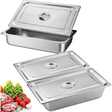 3 Pièces Bac Gastronorme, Bac Inox Alimentaire avec Couvercle, Plat Inox Barbecue, Plat Rectangulaire pour Mariner Viande, Escalopes, Empilable Set à Panure, Récipient pour Cuisine (32.5x17.5x6.5cm) (1/5)