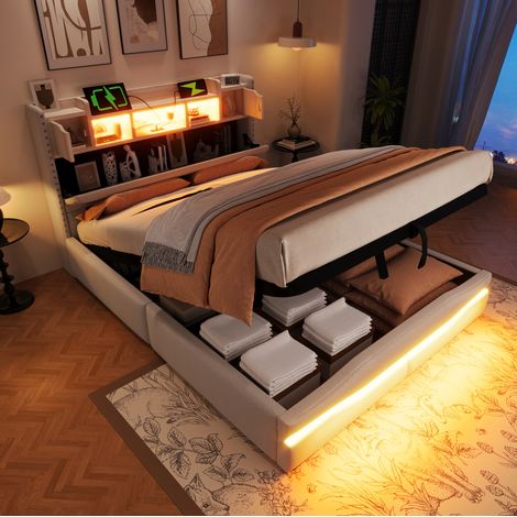 Bett 140x200 cm modern gepolstert in Beige mit hydraulischem Stauraum, Kopfteil mit USB/Type-C und LED (1/5)