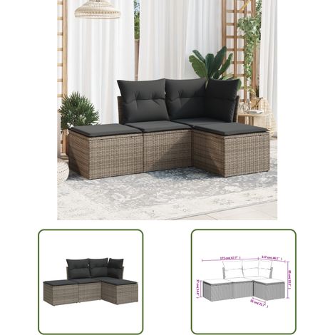 The Living Store 4-tlg. Garten-Sofagarnitur mit Kissen Grau Poly Rattan - Gartenmöbel Set - PE-Rattan Möbel - Outdoor Sofa - Lounge Set - Esszimmergarnitur (1/3)