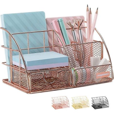Organiseur de bureau rose doré pour femme, accessoires de bureau en maille, avec 5 compartiments et 1 mini tiroir coulissant