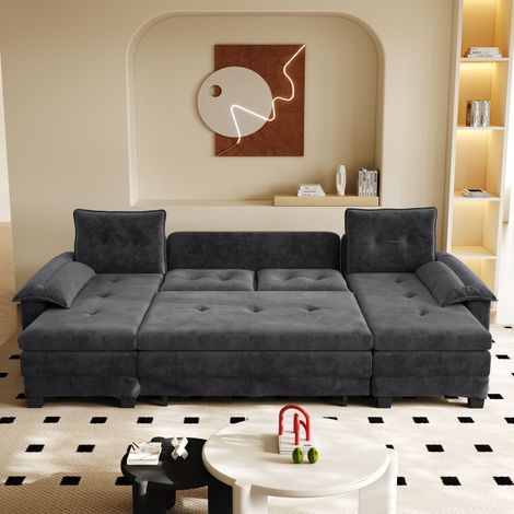 Canapé d'angle convertible en U 278cm, lit gigogne intégré, ports USB, accoudoirs avec coussins déhoussables, grand format modulable, assise moderne pour séjour, teinte grise (1/5)