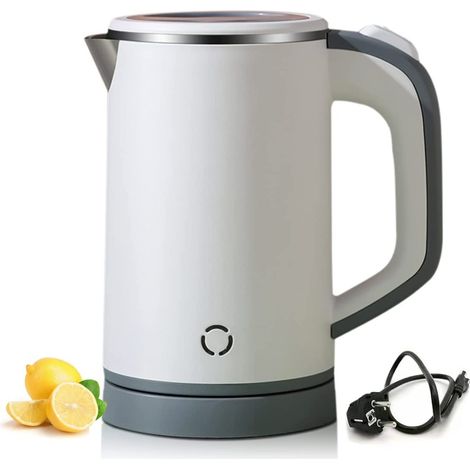 Bouilloire en acier inoxydable, mini bouilloire de voyage pour 0,8 L, bouilloire électrique 600 W, double paroi, protection contre la surchauffe, fonction ébullition rapide, silencieuse