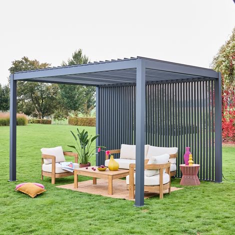 Pergola bioclimatique. aluminium. 3x4m. lames orientables + persienne verticale 130cm anthracite