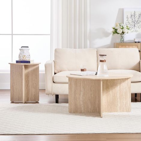 Wahson Lot de 2 Tables Basses Rondes Moderne pour Chambre, Table de Salon en Bois avec Plateau Rond, Table d'Appoint Effet Chêne Bout de Canapé, Beige (1/5)