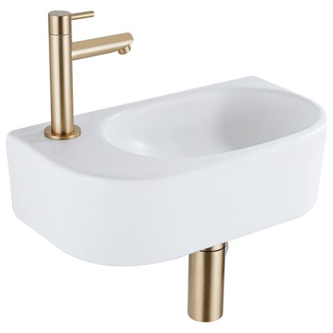 QeramiQ Fuente Ensemble de lavabo - 40x21.5x12cm - gauche - lisse - demi-rond - 1 trou de robinet - céramique - robinet de lavabo en laiton brossé - (1/5)