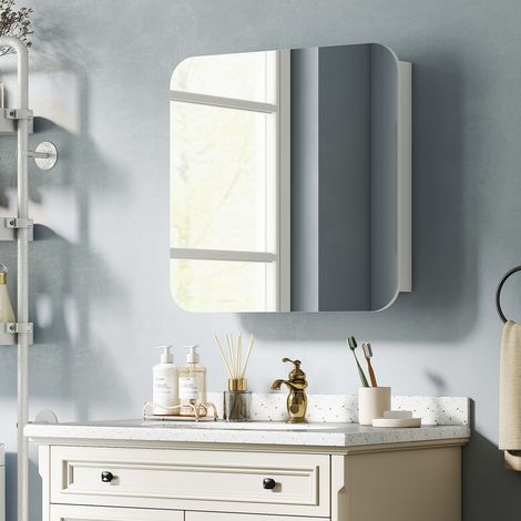 Mobiletto da bagno con specchio, design con bordi curvi, 2 ante, ripiani regolabili, 68x13x66 cm, bianco