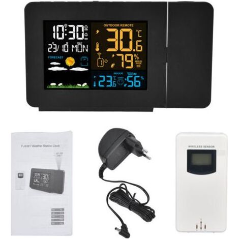 Funkwetterstation mit Außensensor, Drahtlose Wetterstation mit Adapter, Digitales Farbdisplay, Thermometer, Hygrometer, Wettervorhersage, Wecker (ein Set) (1/4)