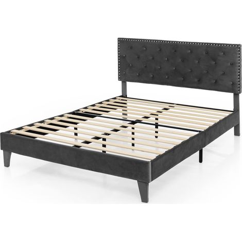 COSTWAY Lit Double avec Tête de Lit 180x200 cm, Cadre de Lit Plateforme Tapissé avec Tête de Lit à Dossier, Sommiers à Lattes en Bois, Lit Rembourré 31 cm de Hauteur, Charge 450kg Assemblage Facile, G (1/5)