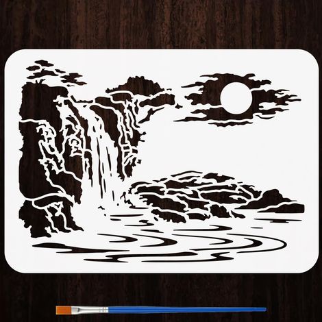 Pochoirs Lever De Soleil Cascade Avec Pinceau 29,7x21cm Pochoirs Peinture Paysage Nature Cascade Lever De Soleil Paysage Thèmes Orientaux Gabarit PET Pour Bois Carrelage Mur DIY (1/5)