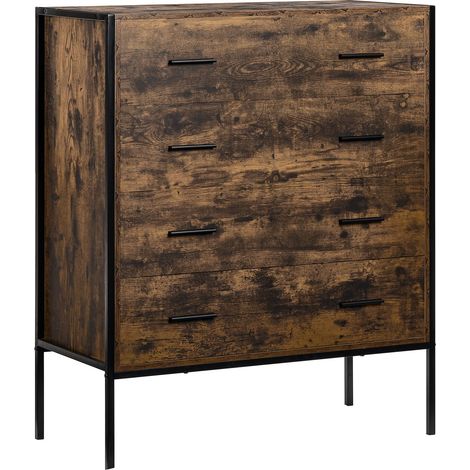 Brooklyn 4 Drawer Chest of Drawers Bedside Table Wood Bedroom Furniture Storage, Dark-Wood (1/5)