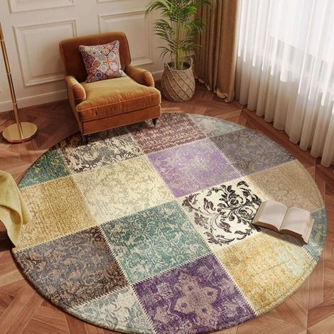 Tapis rond salon 80 cm - Style ethnique chic - Dessus de lit ou bureau - Antidérapant, résistant et facile à entretenir - Décoration moderne (1/4)