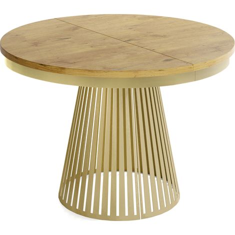 Esstisch Rund Ausziehbar mit Lamellen im Loft-Stil – 100 cm – Industrieller Tisch mit Metallbeinen in Gold, Platzsparend für Wohnzimmer Esszimmer – Eiche Hell Braun