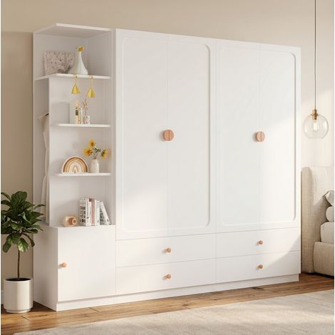 MODFU – Armario 200x225x45 cm de MDF/madera maciza/acero con puertas batientes, 3 roperos, 4 cajones y carga 30/20 kg – Blanco (1/5)