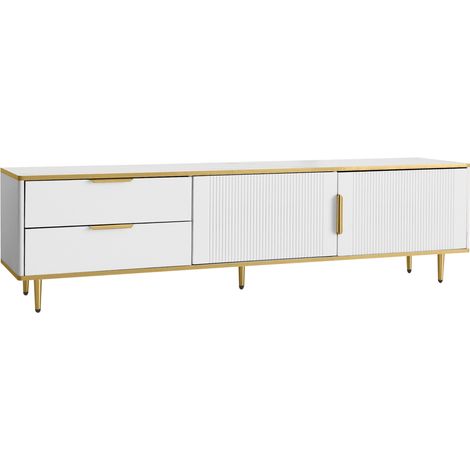Mueble TV de 170 cm blanco y dorado con 2 cajones, puertas con textura tallada y patas metálicas (1/5)