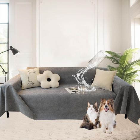 Chenille Sofa Cover and Blanket Set: Ultra Soft, Non-Slip, Waterproof, Breathable, All Seasons, for Cats (Dark Grey, 180×300cm) (1/5)