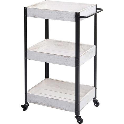 Chariot de service cuisine bar avec 3 niveaux étagères sur roulettes en bois massif shabby blanc ETA04058 (1/4)