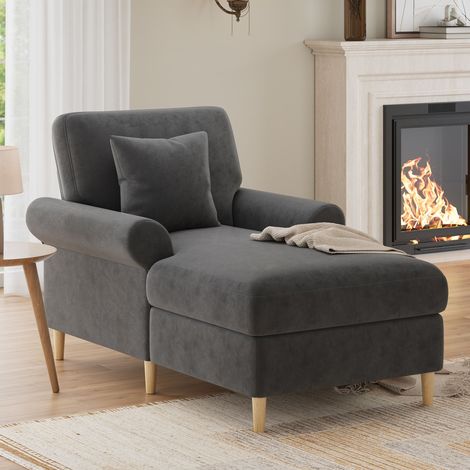 Fauteuil relax gris en velours 133x87x90 cm, chaise longue 1 place inclinable avec coussin, assise mousse haute résilience, salon chambre (1/5)