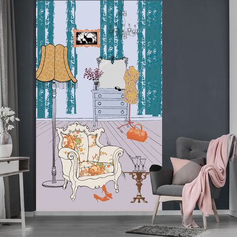 Papier peint intissé bleu 250x150cm pour salon, mélange de couleurs baroque, déco murale illustration originale. (1/2)