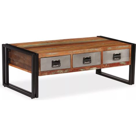 Table basse 3 tiroirs bois massif recyclé et métal noir Boust (1/5)