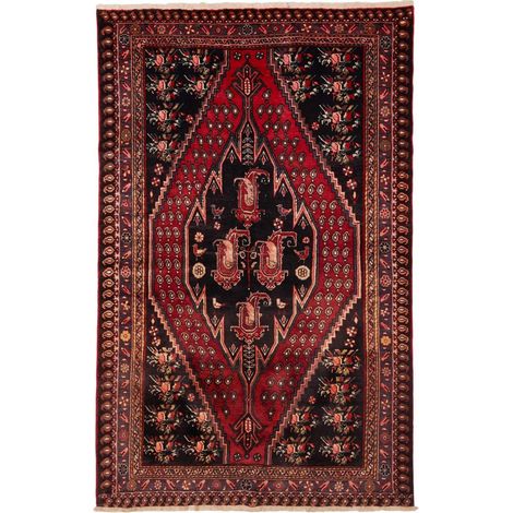 Tapis d'orient 145 x 226 cm, motif oriental, rouge, beige et noir, pure laine nouée à la main, artisanal (1/5)