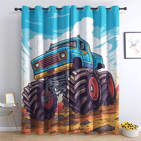 Rideau Monster Truck - Rideau Occultant Thermiques Enfant Garçon Voiture Cool Camion, Lot de 2 Rideaux à Oeillets pour Decoration Chambre Salon, Draperies Intérieurs Fenetre, 140x160 cm (LxH) - 2x L 1 (1/5)