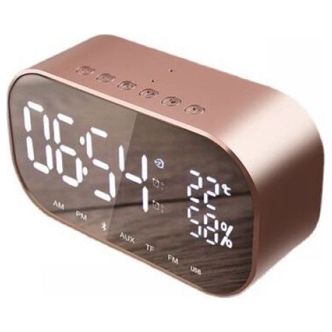 Radio-Réveil Bluetooth - Haut-Parleur FM - Thermomètre Intégré - Fonction Appel Mains Libres - 2 x 3 W - Batterie 1800 mAh - Champagne