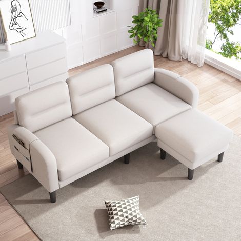 Canapé d'angle en L, 3 places avec méridienne, petit canapé d'angle, poche de rangement latérale, pieds de 10 pouces, idéal pour le salon, 204 x 136 x 80 cm, beige (1/5)