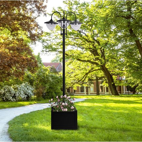 Lanterne solaire 3 têtes en métal, lampe de jardin rustique noire avec base jardinière, capteur crépusculaire, interrupteur et IP44 pour terrasse  CHICFURN (1/5)