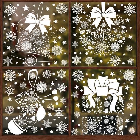 Autocollants de Noël, flocons de neige blancs, cadeaux, sapin du Père Noël, autocollants pour fenêtres, bonhomme de neige, chaussettes de Noël, rennes, décorations de fenêtres, autocollants statiques.