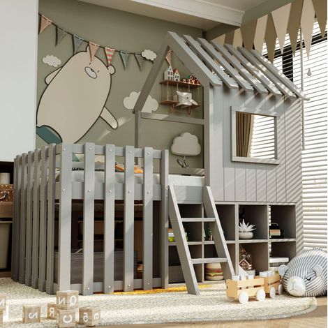 Lit cabane enfant 90x200 cm en bois gris avec rangement, gain de place sans matelas – MEUBLIV (1/5)