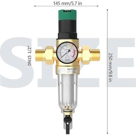 1/2 Pouce Ajustable Reducteur de Pression Eau, DN 15 Laiton épaissi Limiteur de Pression, Réducteur Eau Avec Filtre et Manomètre, Applicable à La Maison, Le Bâtiment, L'usine (1/2)