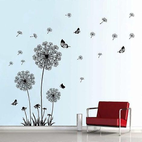 Wandtattoos mit Löwenzahn und Schmetterlingen, Wanddekoration für Schlafzimmer, Wohnzimmer oder Büro (schwarz)