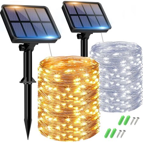 Lot de 2 Guirlande Solaire Exterieur, Totale 16m 160LED Lumineuse Étanche, 8 Modes Décoration pour Jardin Terrasse Cour Noël Mariage Fête, Blanc Chaud (1/5)