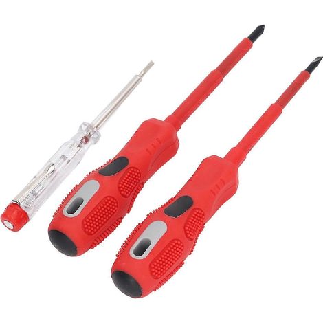Roter Schlitzschraubendreher mit Kreuzschlitz, Stromprüfer, rutschfester isolierter Griff, elektrischer Spannungsprüfstift