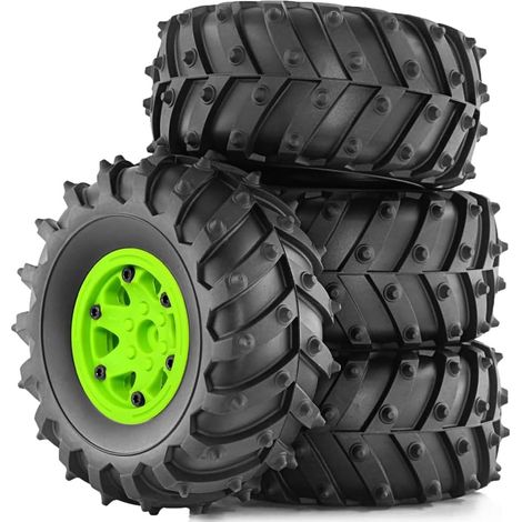 4 Pièces 128mm 1/10- Beadlock Jante de Roue en Caoutchouc Ensemble de Pneus pour 1/10 RC Crawler Car TRX4 D90 D110 Axial SCX10 Vert (1/5)