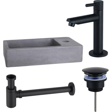 Fortifura Fuente Pack Lave-mains - 40x22x8cm - 1 trou de robinet - robinet Noir mat - Béton
