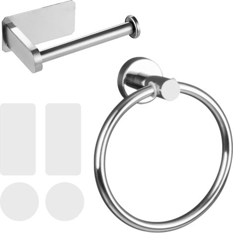 Porte-rouleau de papier toilette autocollant et anneau porte-serviette, Accessoire Salle de Bain - Acier inoxydable 304 avec surface chromée - Installation facile sans perçage (1/5)