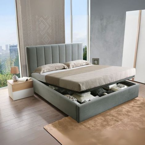 Camera da letto Amor con armadio 6 ante con specchio e letto imbottito con contenitore colore bianco e dettagli rovere