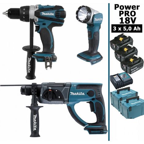 Pack Makita Power PRO 18V: Perceuse 91Nm DDF458 + Perfo 2J DHR202 + Lampe Torche Led 180lm + 3 batt 5Ah + 2 coffrets MAKPAC (1/4)