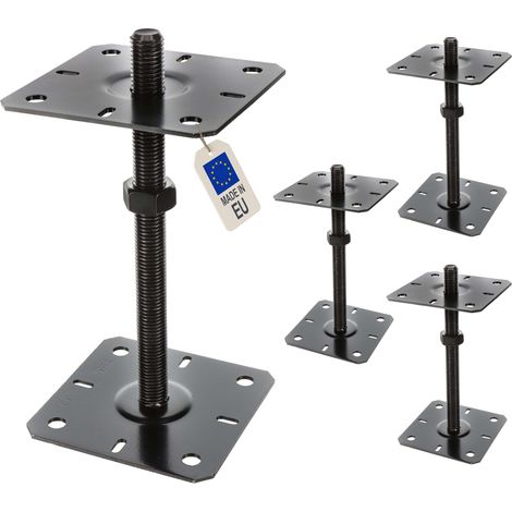 4 embases pied de poteau réglables - Platines 130x130mm - Filetage M20 - Acier galvanisé Noir - Ht 250 mm - Fabriqué en Europe