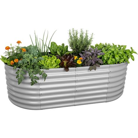 Relaxdays Hochbeet, verzinktes Metall, Blumen, Pflanzen & Gemüse, HxBxT: 60x200x100 cm, ovales Pflanzenbeet, hellgrau