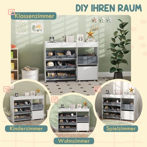 Range jouet enfant, meuble de rangement pour chambre d’enfant avec 11 bacs en tissu, étagères supérieures, 3 décos autocollantes, blanc. (1/5)